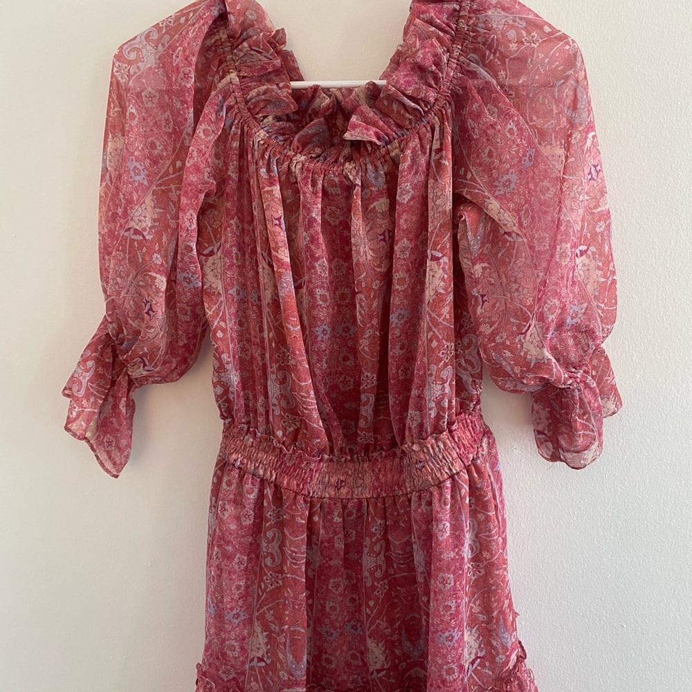 MISA Los Angeles sheer Pinkish Red Floral Ruffle Dress